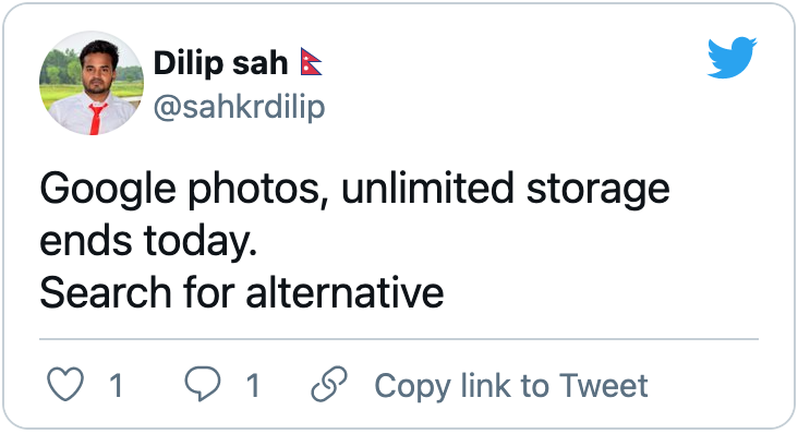 Tweet about Google Photos recoming its free unlimited offering