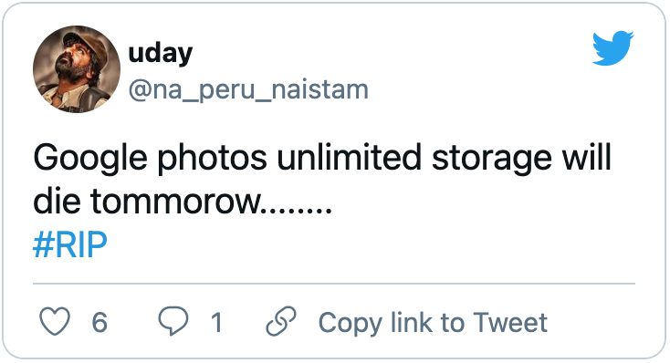 Tweet about Google Photos recoming its free unlimited offering